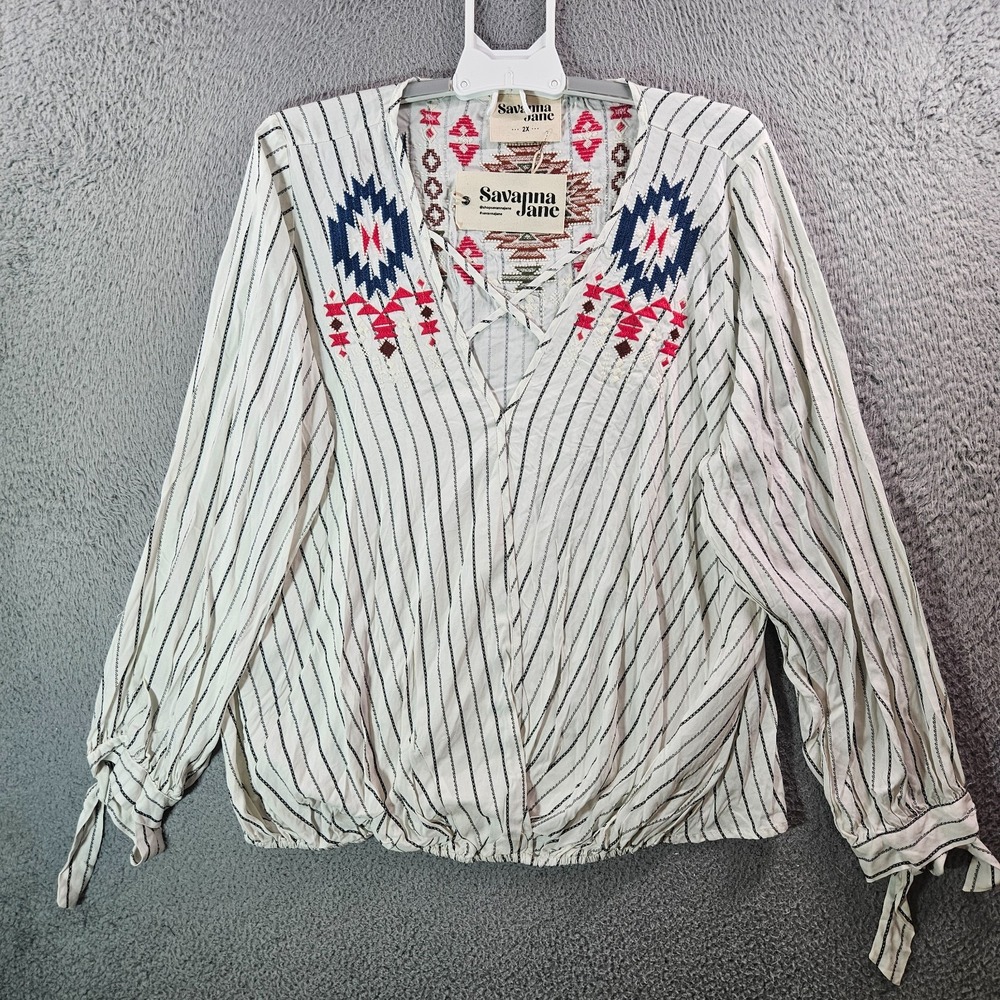 NEW Savanna Jane Wrap Top Women 2X‎ Aztec Embroidered White Black Striped